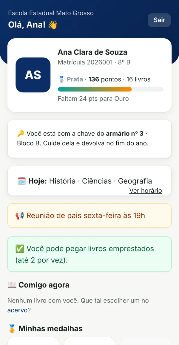 Tela inicial do app do aluno com pontos, chave do armário e aulas do dia