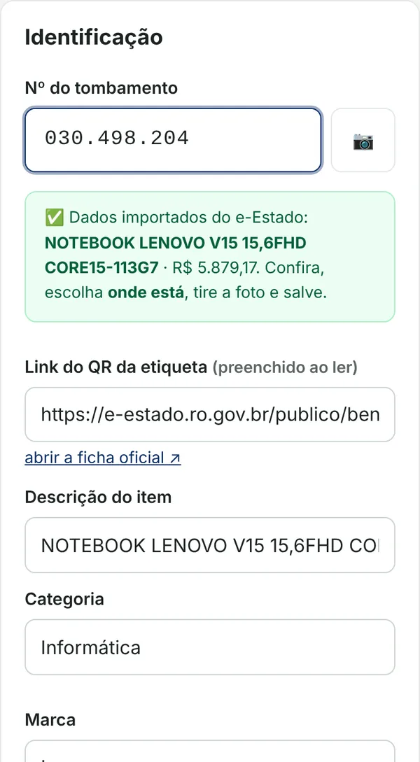 Cadastro de um notebook do patrimônio com os dados importados do e-Estado